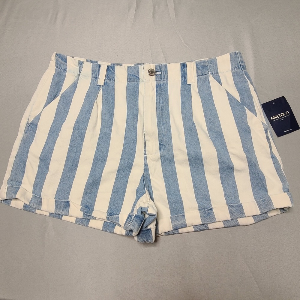Forever 21 Striped Denim Shorts Womens 30 Blue White NEW High Rise Coastal Retro